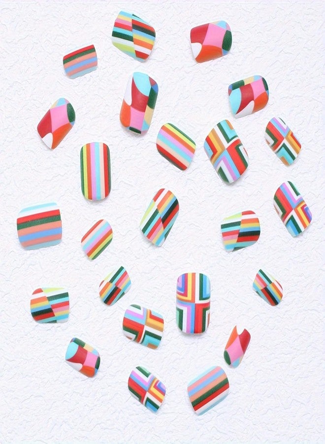 OCOUYVD 24 Pcs Press on Nails Short Rainbow Fake Nails Square False Nails Design Colorful Stripes and lozenge Designs Glossy Artificial Nail Art Reusable Stick on Nails Kit for Women - 24 Pcs in 12 Sizes - Image 4
